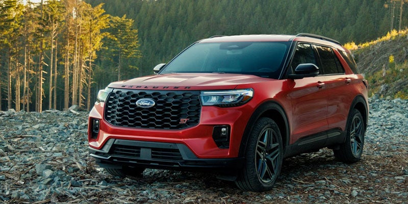 Red Ford Explorer ST SUV on a rocky terrain